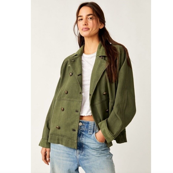 WE THE FREE Viva Surplus Cotton Pea Jacket in Army Green - S - Picture 3 of 13